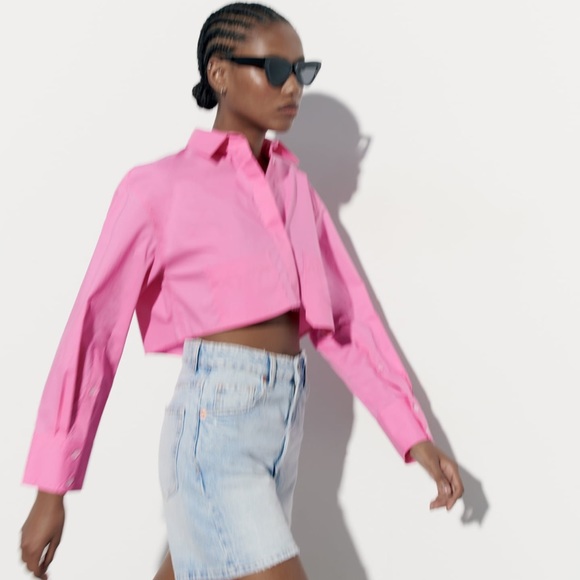 ZARA CROP POPLIN SHIRT LIGHT PINK - Picture 6 of 13